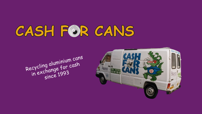 An image shows a recycling collection van used by Bryson Recycling back in 1993 for collecting aluminium cans. A caption reads, 